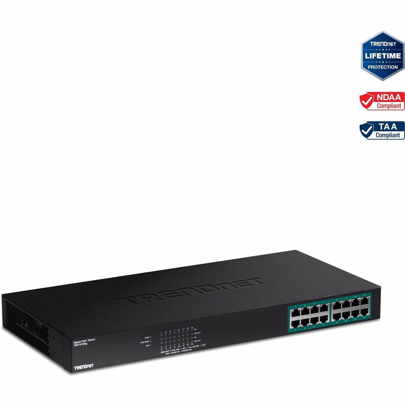 TRENDnet 16-Port Gigabit PoE+ Switch, 16 x Gigabit PoE+ Ports, 246W PoE Power Budget, 32 Gbps Switching Capacity, Desktop Switch, Ethernet Network Switch, Metal, Lifetime Protection, Black, TPE-TG160g - Thumbnail 1