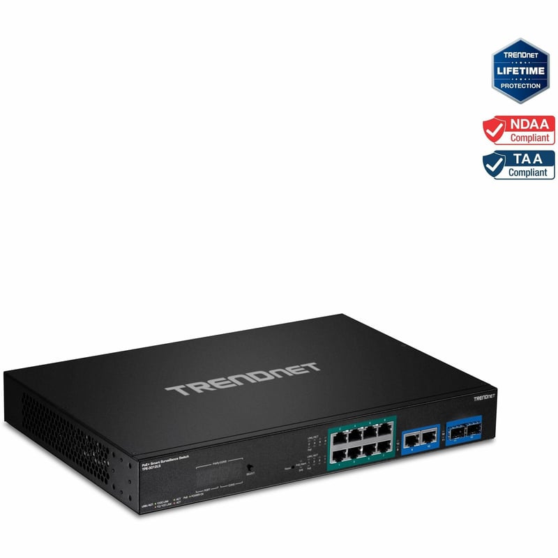 TRENDnet 12-Port Gigabit PoE+ Smart Surveillance Switch with 8 x Gigabit PoE+ Ports; TPE-3012LS; 2 x Gigabit Ports; 2 x SFP Slots; 110W PoE Budget; Long Range PoE+; VLAN; QoS; LACP; ONVIF - Thumbnail 1