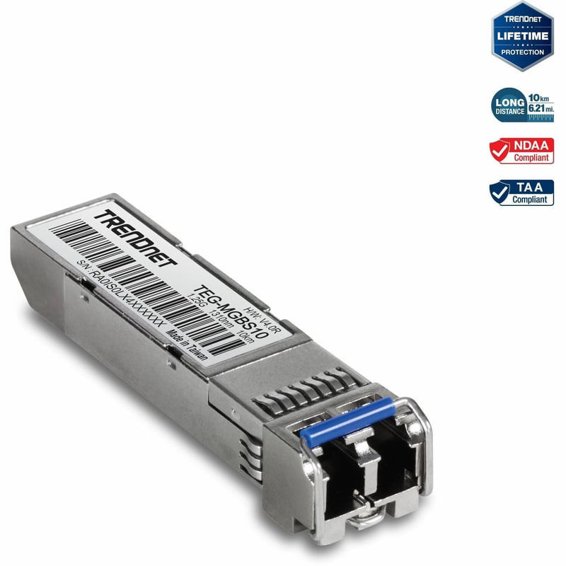 TRENDnet SFP to RJ45 Mini-GBIC Single-Mode LC Module; TEG-MGBS10; For Single Mode Fiber; Distances up to 10km (6.2 Miles); Gigabit SFP Module; IEEE 802.3z Gigabit Ethernet; Lifetime Protection - Thumbnail 1