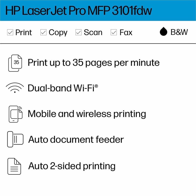 HP LaserJet Pro 3101fdw Wireless Laser Multifunction Printer - Monochrome