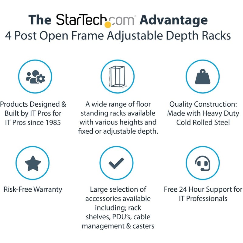 StarTech.com 4-Post 42U Mobile Open Frame Server Rack, 19" Network Rack with Casters, Rolling Rack for Computer/AV/Data/IT Equipment - Thumbnail 2