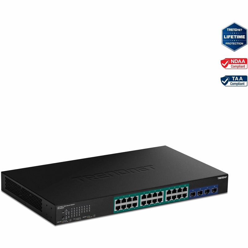 TRENDnet 28-Port Gigabit Web Smart PoE+ Switch with 24 Gigabit PoE+ Ports; TPE-30284; 4 x 10G SFP+ slots; 370W PoE power;VLAN; QoS; LACP; IPv4/IPv6 Static Routing - Thumbnail 1