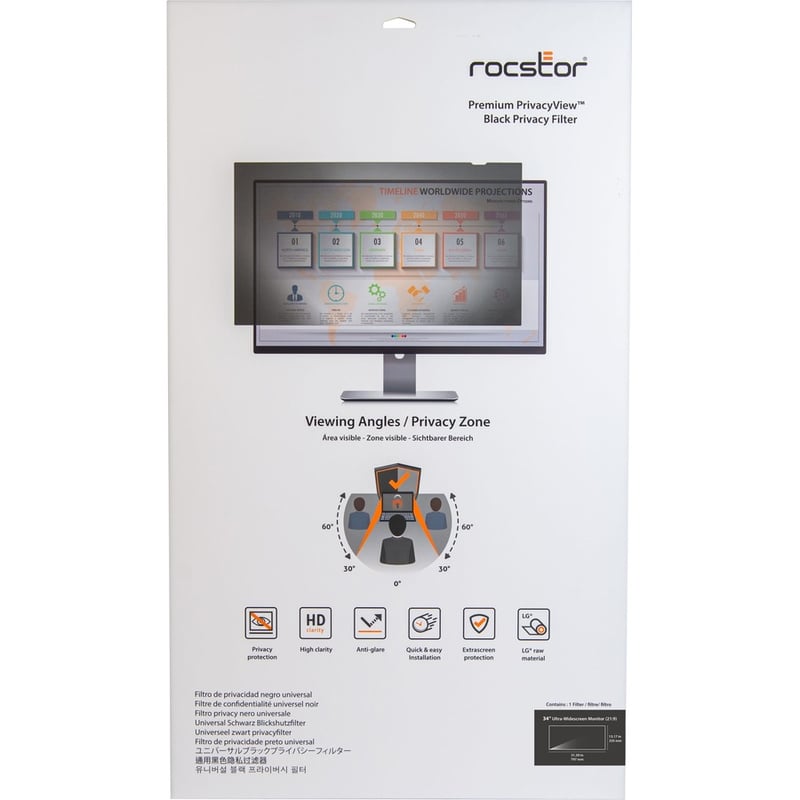 Rocstor PrivacyView Premium Privacy Filter for 34" Widescreen Landscape Monitor - For 34" Monitor/Display - 21:9 Aspect Ratio - Glossy / Matte - Unframed - Anti-glare - Comparable to PF340W2B - TAA Compliant - For 34" - Thumbnail 2