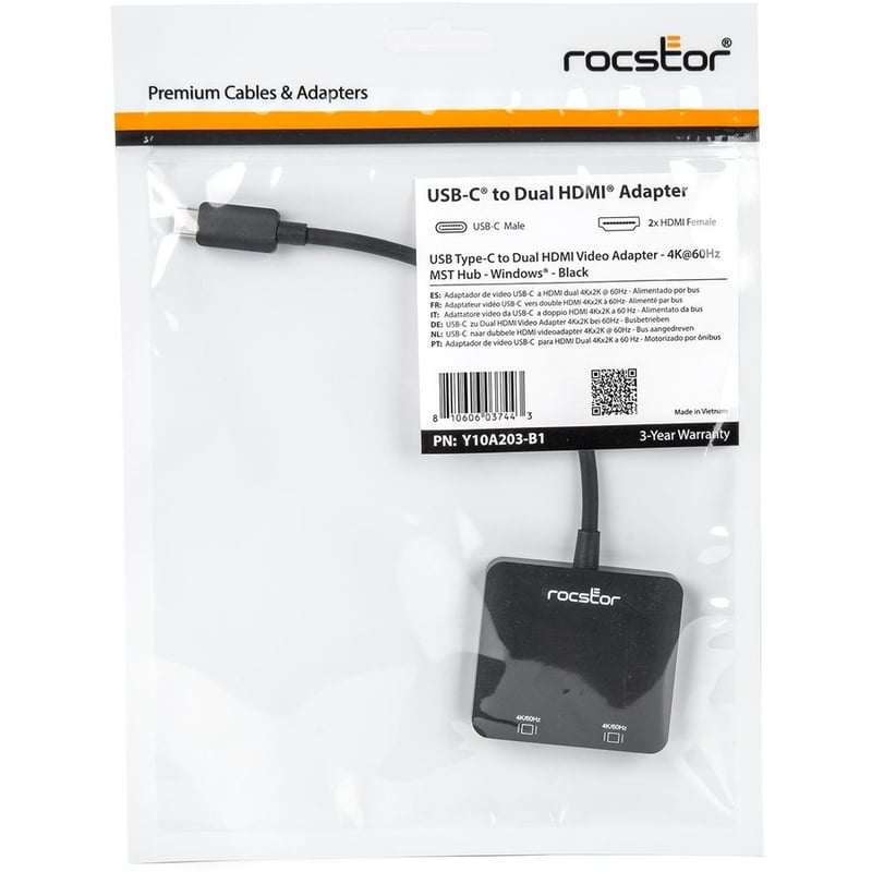 Rocstor Premium USB-C to Dual HDMI Multi Monitor Adapter - HDMI 4K 60Hz - USB Type- C 2-Port Multi Monitor MST Hub Adapter- for PC/Windows - 4Kx2K Resolutions up to 3840x2160 @ 60Hz - For Notebook/Desktop PC - USB-C to - Thumbnail 2