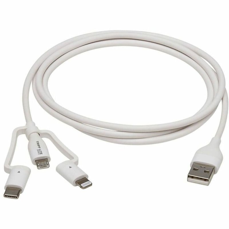 Eaton Tripp Lite Series Safe-IT Universal USB-A to Lightning, USB Micro-B and USB-C Sync/Charge Antibacterial Cable (M/3xM), MFi Certified, White, 4 ft. (1.2 m) - Thumbnail 2