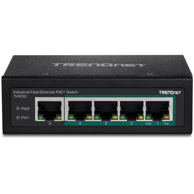 TRENDnet 5-Port Industrial Fast Ethernet DIN-Rail Switch, 4 x Fast Ethernet PoE+ Ports, 1 x Fast Ethernet Port, 90W PoE Power Budget, DIN-Rail, IP30 Rated, Lifetime Protection, Black, TI-PE50 - Thumbnail 2