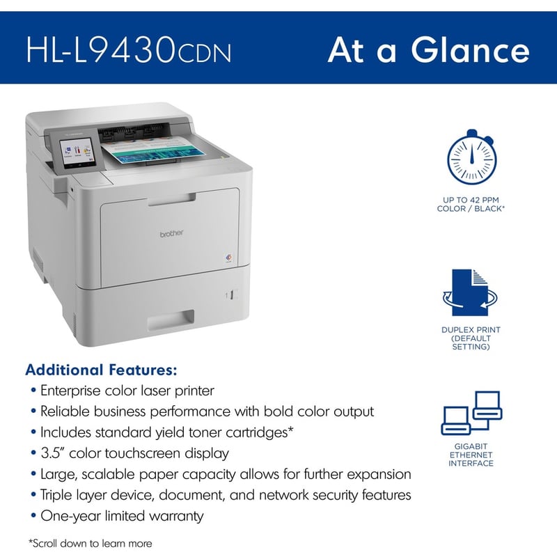 Brother Workhorse HL-L9430CDN Enterprise Color Laser Printer with Fast Printing, Large Paper Capacity, and Advanced Security Features - Thumbnail 3
