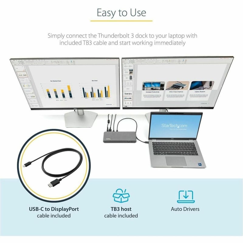 StarTech.com Thunderbolt 3 Dock - Dual Monitor 4K 60Hz TB3 Laptop Docking Station with DisplayPort - 85W Power Delivery - 3x USB 3.0, GbE - Thumbnail 3