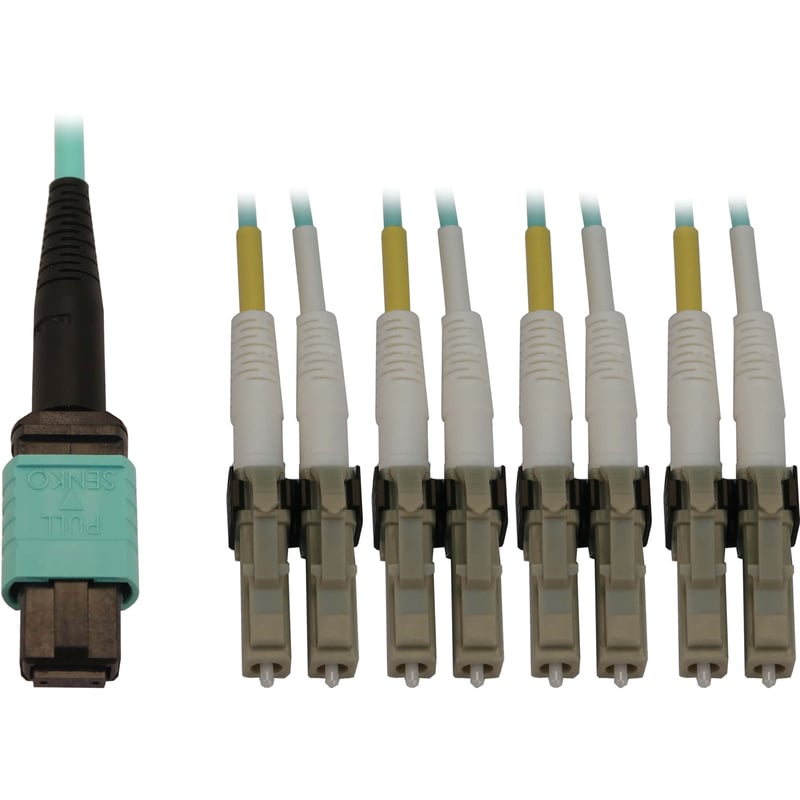 Eaton Tripp Lite Series 40/100/400G Multimode 50/125 OM3 Fiber Optic Cable (12F MTP/MPO-PC to 4x Duplex LC/PC F/M), LSZH, Aqua, 5 m (16.4 ft.) - Thumbnail 1