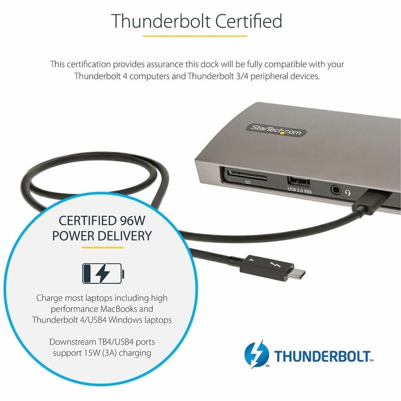 StarTech.com Thunderbolt 4 Dock, 96W Power Delivery, Single 8K / Dual Monitor 4K 60Hz, 3x TB4/USB4 ports, 4x USB-A, SD, GbE, 0.8m cable - Thumbnail 4