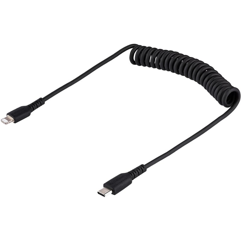 StarTech.com 1m (3ft) USB C to Lightning Cable, MFi Certified, Coiled iPhone Charger Cable, Black, Durable TPE Jacket Aramid Fiber - Thumbnail 2