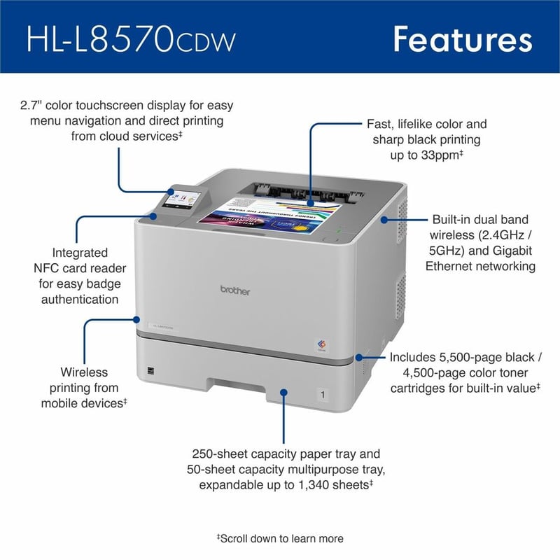 Brother Workhorse HL-L8570CDW Business Color Laser Printer with Advanced Security Features and Low Total Cost of Ownership - Thumbnail 2