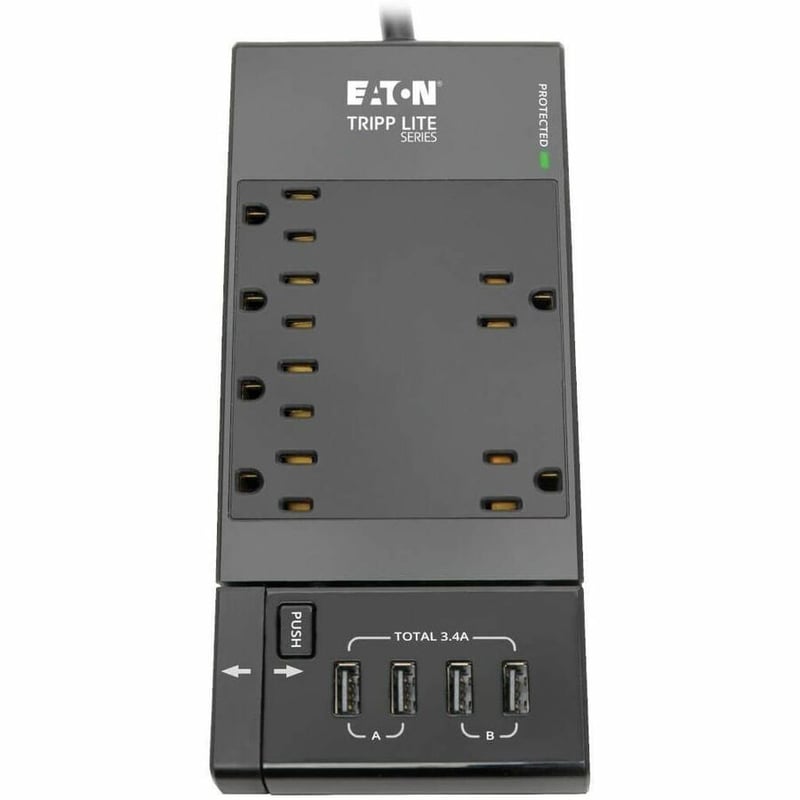 Tripp Lite by Eaton Safe-IT 6-Outlet Surge Protector Retractable USB Charger 5-15R Outlets 4 USB Charging Ports 8 ft. (2.4 m) Cord Antimicrobial Protection