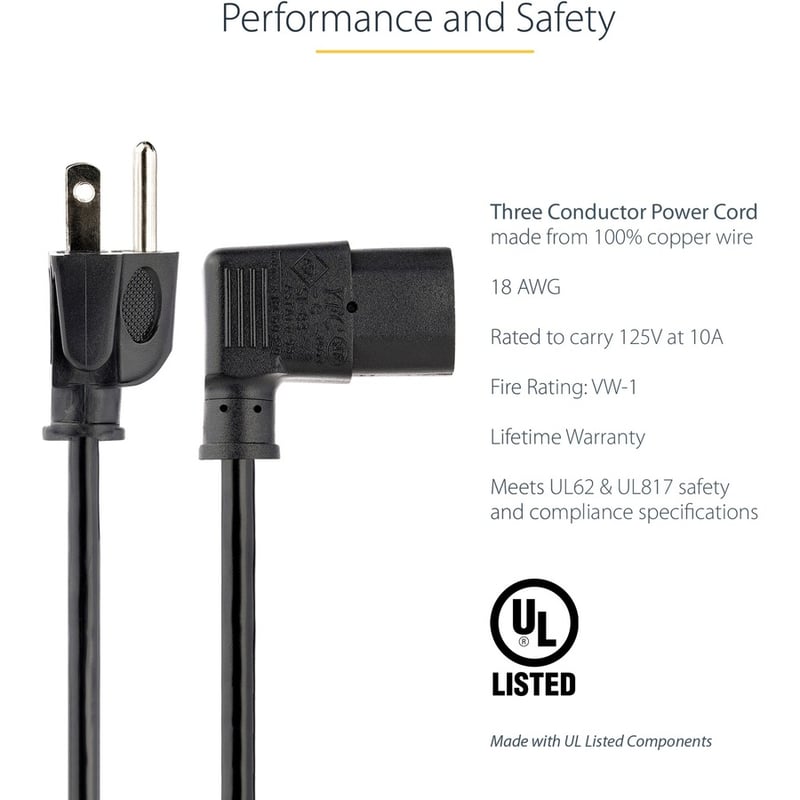 StarTech.com 6ft (1.8m) Computer Power Cord, NEMA 5-15P to Right Angle C13, 10A 125V, 18AWG, Replacement AC Power Cord, Monitor Power Cable - Thumbnail 2