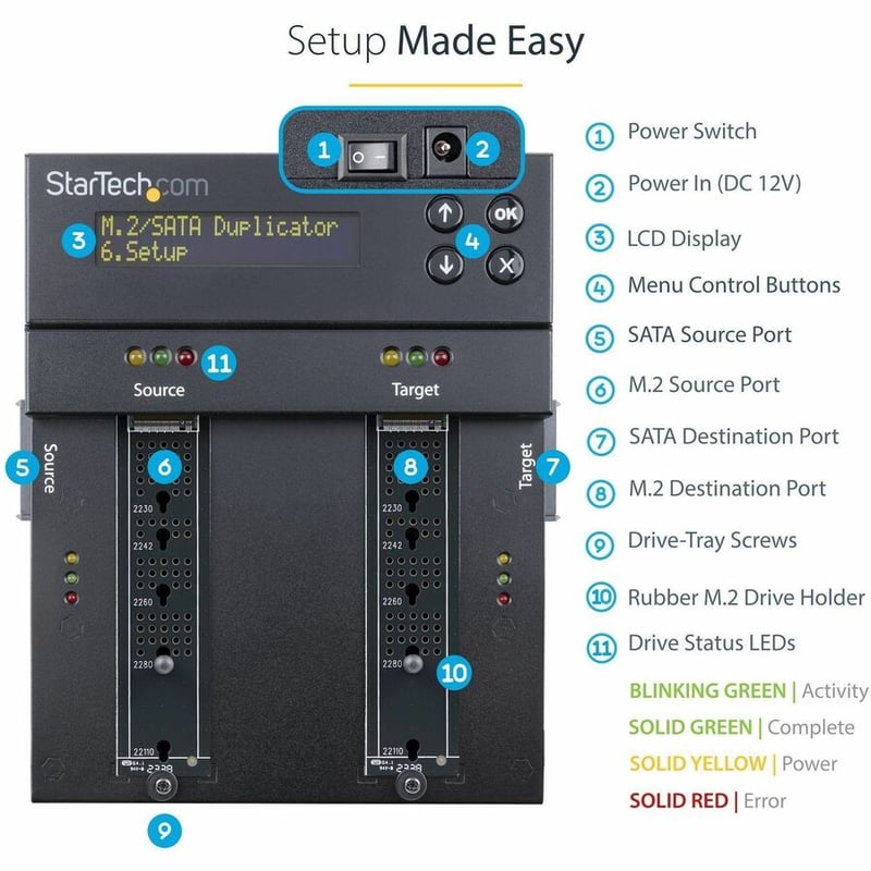 StarTech.com Standalone Dual Bay M.2 SATA/NVMe Duplicator/Eraser, HDD/SSD Cloner/Wiper, M.2 PCIe/AHCI, Hard Drive Sanitizer/Copier, TAA - Thumbnail 4