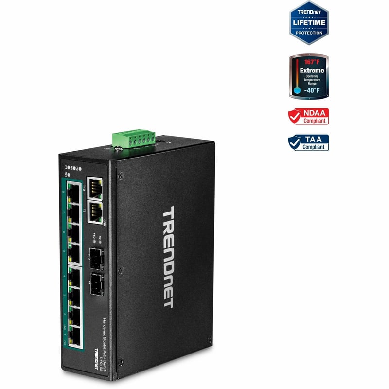 TRENDnet 10-Port Industrial Gigabit PoE+ DIN-Rail Switch, 8 x Gigabit PoE+ Ports, DIN-Rail Mount, 2 x SFP Slots, 240W PoE Power Budget, Network Switch, IP30, QoS, Lifetime Protection, Black, TI-PG102 - Thumbnail 1
