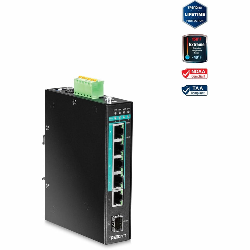 TRENDnet 5-Port Hardened Industrial Gigabit PoE+ DIN-Rail Switch, 120W Power Budget, 1 x SFP Slot, IP30 Rated, Unmanaged Switch, Gigabit PoE+ Network Switch, Lifetime Protection, Black, TI-PG541 - Thumbnail 1