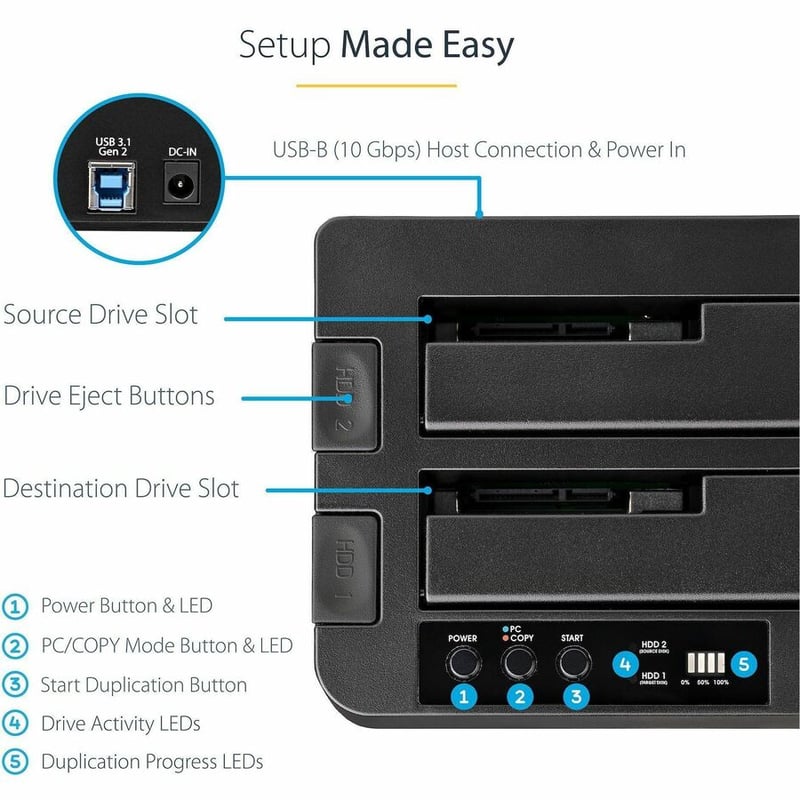 StarTech.com Standalone Hard Drive Duplicator, External Dual Bay HDD/SSD Cloner/Copier, USB 3.1 to SATA Drive Docking Station, Disk Cloner - Thumbnail 4