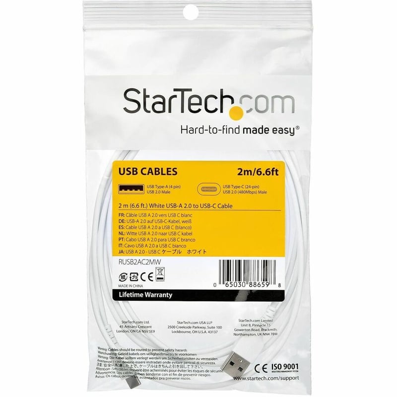 StarTech.com 2m USB A to USB C Charging Cable - Durable Fast Charge & Sync USB 2.0 to USB Type C Data Cord - Aramid Fiber M/M 3A White - Thumbnail 3