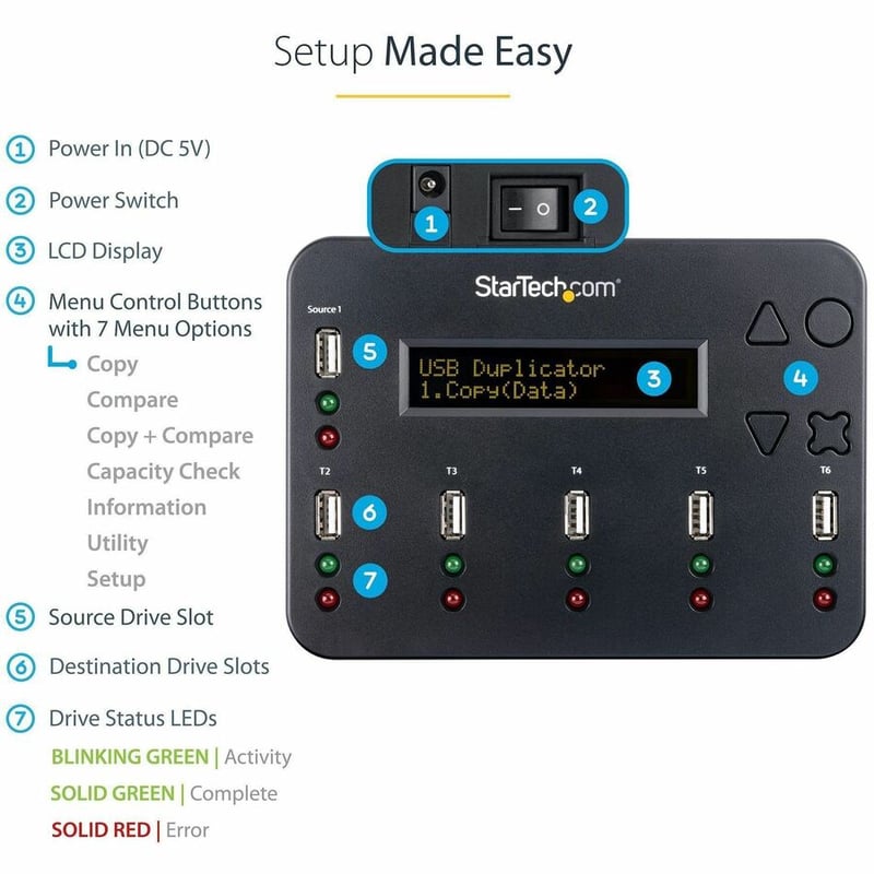 StarTech.com Standalone 1 to 5 USB Thumb Drive Duplicator/Eraser, Multiple USB Flash Drive Copier/Cloner, Sector-by-Sector Copy, Sanitizer - Thumbnail 4