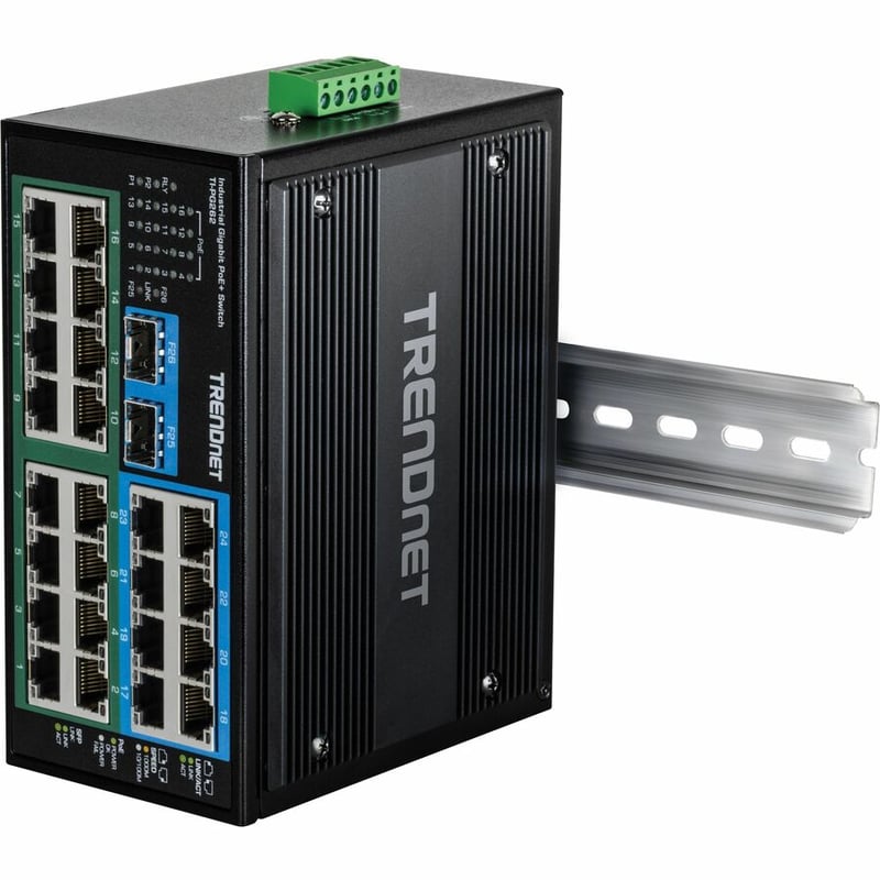 TRENDnet 26-Port Hardened Industrial Unmanaged Gigabit DIN-Rail Switch, TI-PG262, 16 x Gigabit PoE+ Ports, 8 x Gigabit RJ-45 Ports, 2 x SFP Ports, IP30, Lifetime Protection, Black - Thumbnail 4
