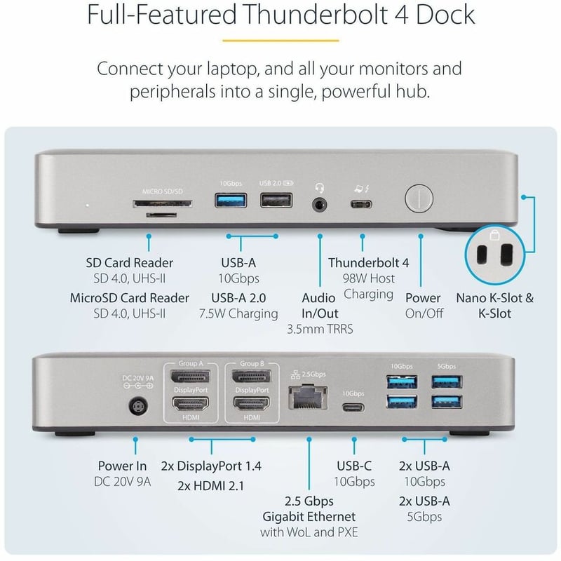 StarTech.com Thunderbolt 4 Multi-Display Docking Station, Quad/Triple/Dual Monitor Dock, 2x HDMI/2x DP, 7x USB Hub, 2.5Gb Ethernet, 98W PD - Thumbnail 3