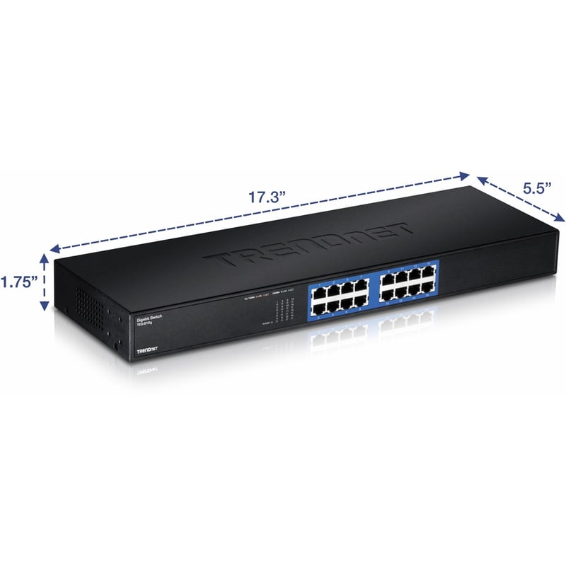TRENDnet 16-Port Unmanaged Gigabit GREENnet Switch, 16 x RJ-45 Ports, 32Gbps Switching Capacity, Fanless, Rack Mountable, Network Ethernet Switch, Lifetime Protection, Black, TEG-S16G - Thumbnail 5