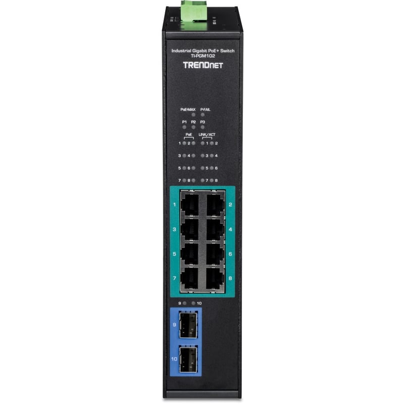 TRENDnet 10-Port Industrial Gigabit PoE+ Switch, WideTemperature Range -20 - 65C (-4 - 149F), DIN Rail Switch, 50-55V DC, 8 x Gigabit PoE+ Ports, 2 x Gigabit SFP Slots, TI-PGM102, Black - Thumbnail 5