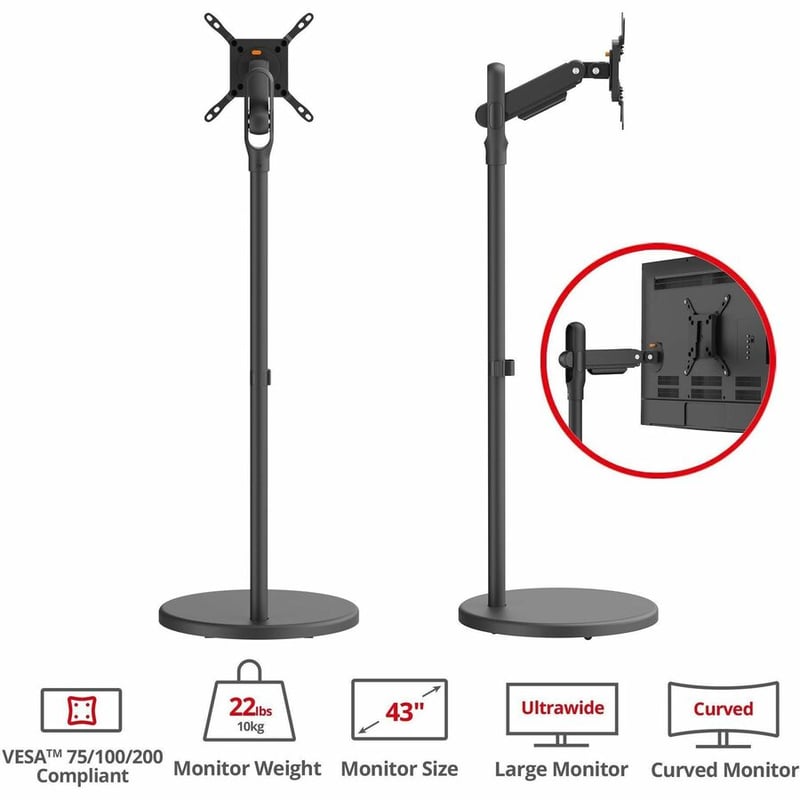 SINGLE 43 INCH PORTABLE MONITOR ARM TV ROLLING STAND-BLACK - Thumbnail 2