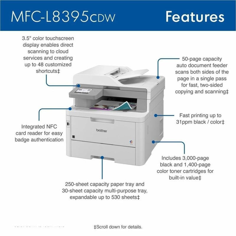 Brother Workhorse MFC-L8395CDW Digital Color All-in-One Printer with Wireless Networking and Duplex Print, Scan, and Copy - Thumbnail 2