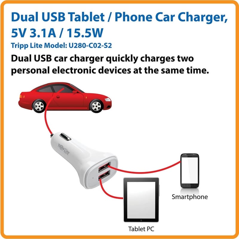 Tripp Lite by Eaton USB Car Charger Dual-Port with Autosensing 5V 4.8A Fast Charger for Tablets and Cell Phones - Thumbnail 3