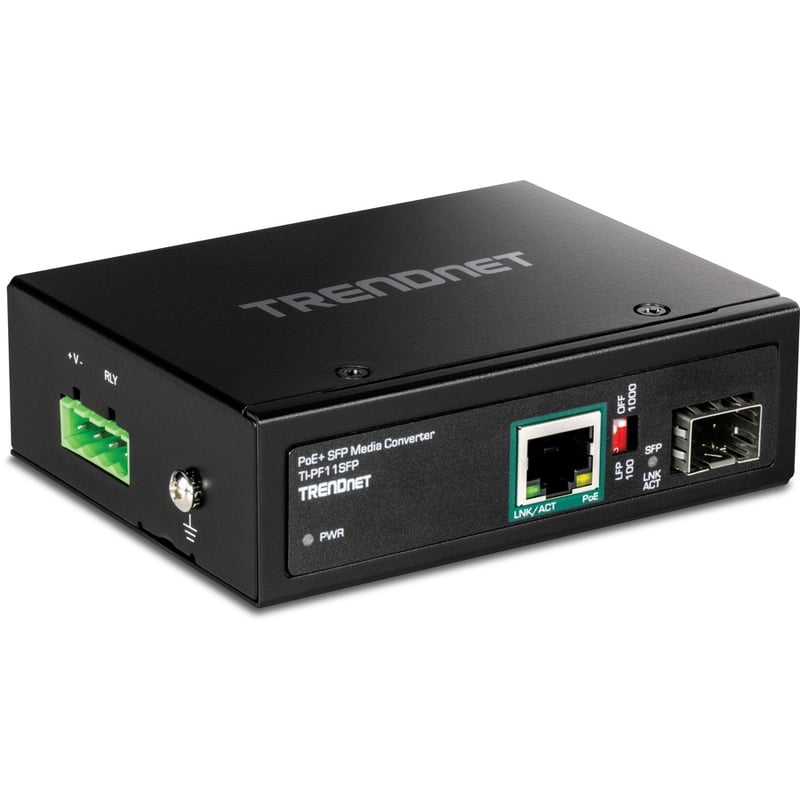 TRENDnet Industrial SFP to Gigabit PoE+ Media Converter, IP30 Rated Housing, Operating temperature range -40- 75 C to (-40 - 167 F), TI-PF11SFP, Black - Thumbnail 2
