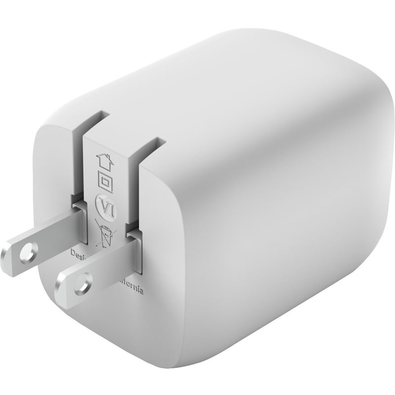Belkin 65W Portable Dual Port GaN Wall Charger - 2xUSB-C (65W Total) - w/ USB-C to USB-C Cable - Fast Charging - Power Adapter - White - Thumbnail 2