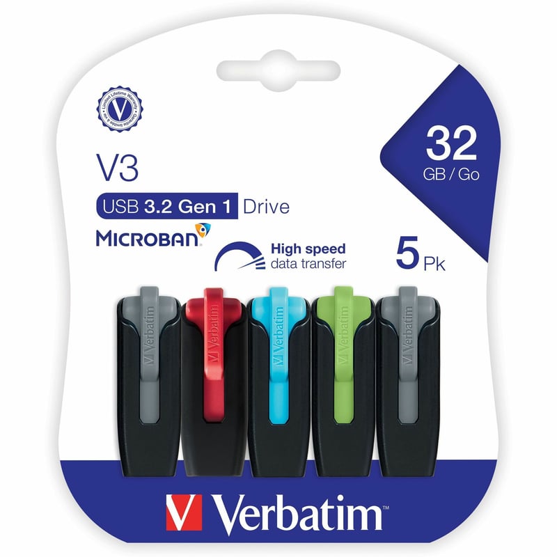 32GB Store 'n' Go V3 USB 3.2 Gen 1 Flash Drive - 5pk - Assorted - Thumbnail 1