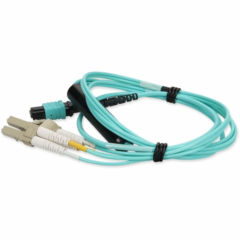 AddOn 1m MPO/UPC to 2xLC Duplex (4xLC)/UPC Aqua OM4 OFNR (Riser-Rated) 4-Strand Fiber Fanout Cable - Thumbnail 2