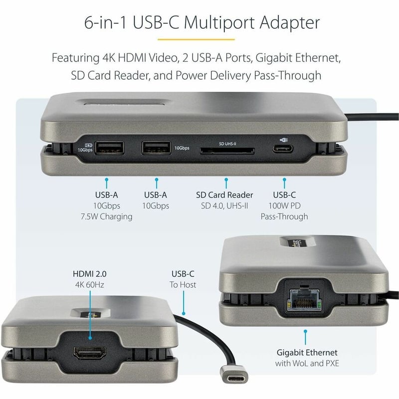 StarTech.com USB C Multiport Adapter, USB C to 4K 60Hz HDMI 2.0, 2-Port 10Gbps USB Hub, 100W Power Delivery Pass-through, GbE, SD/MicroSD - Thumbnail 3