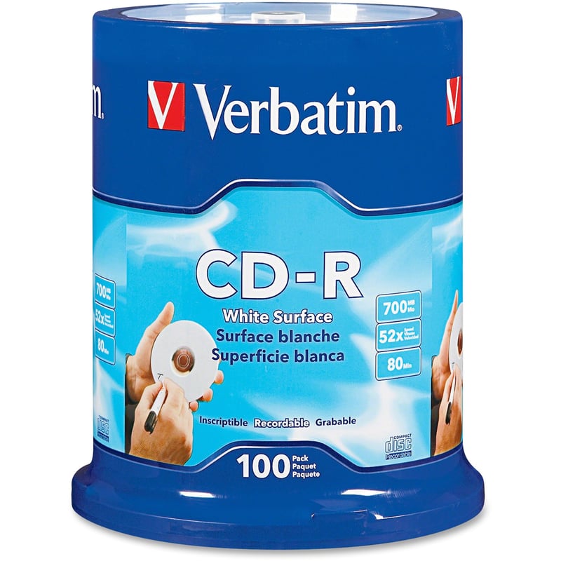 Verbatim CD-R 700MB 52X with Blank White Surface - 100pk Spindle - Thumbnail 1