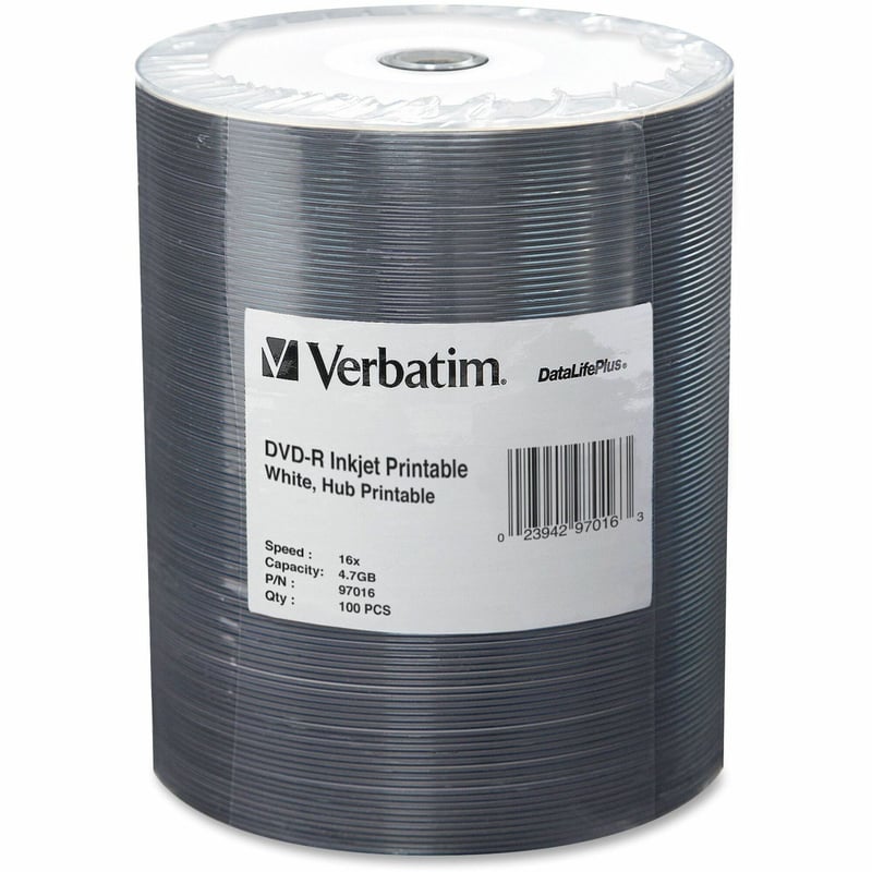Verbatim 97016 DVD Recordable Media - DVD-R - 16x - 4.70 GB - 100 Pack Wrap - Thumbnail 1