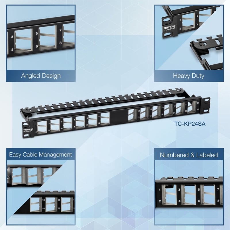 TRENDnet 24-Port Blank Angled Keystone Shielded 1U Patch Panel, TC-KP24SA, STP, Cat6A, Cat5, Cat5e, Cat6, 19" Rackmount Design, Black - Thumbnail 3