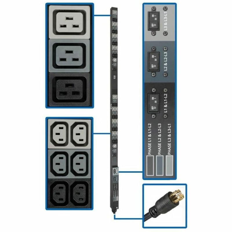 Tripp Lite by Eaton PDU 8.6kW 208/120V Three-Phase Basic PDU - 48 Outlets (36 C13 6 C19 6 5-15/20R) L21-30P Input 6 ft. Cord 70 in. 0U Rack - Thumbnail 1