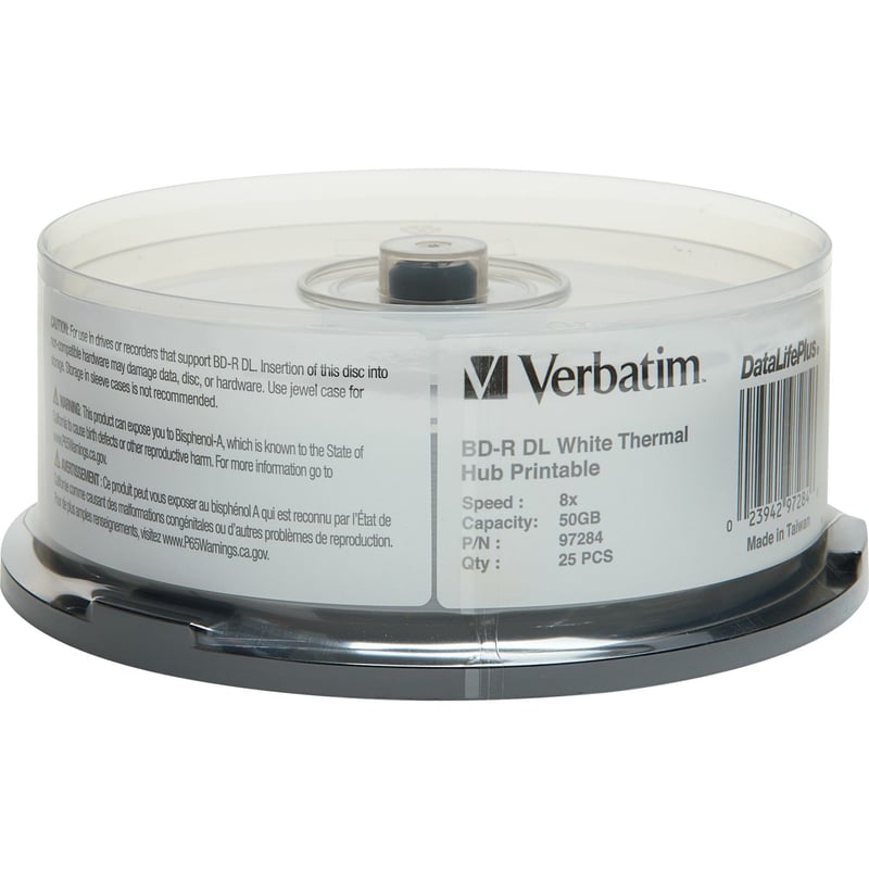 Verbatim BD-R DL 50GB 8X, White Label, DataLife+, White Thermal Hub Printable, Hard Coat, 25PK Spindle - Thumbnail 1