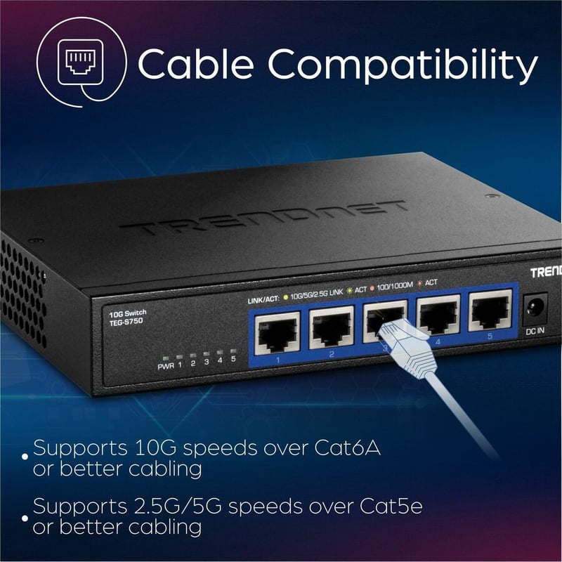TRENDnet 5-Port 10G Switch, 5 x 10G RJ-45 Ports, 100Gbps Switching Capacity, Supports 2.5G and 5G-BASE-T Connections, Lifetime Protection, Black, TEG-S750 - Thumbnail 3