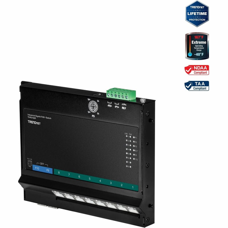 TRENDnet 10-Port Industrial Gigabit PoE+ Wall-Mounted Front Access Switch; TI-PG102F; 8x Gigabit PoE+ Ports; 2 x Gigabit SFP Slots; 240W PoE Budget; DIN-Rail & Wall Mount Brackets Included; IP30 Rated - Thumbnail 1