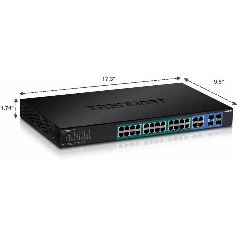 TRENDnet 28-Port Gigabit Web Smart PoE+ Switch, 24 x Gigabit Ports, 4 x Shared Gigabit Ports (RJ-45 or SFP), 185W PoE Budget, 56Gbps Switching Capacity, Lifetime Protection, Black, TPE-2840WS - Thumbnail 5