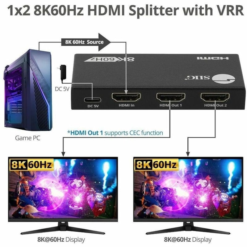 1x2 8K60Hz HDMI Splitter with VRR/ALLM - 40G - EDID management - Down scaler - Thumbnail 4