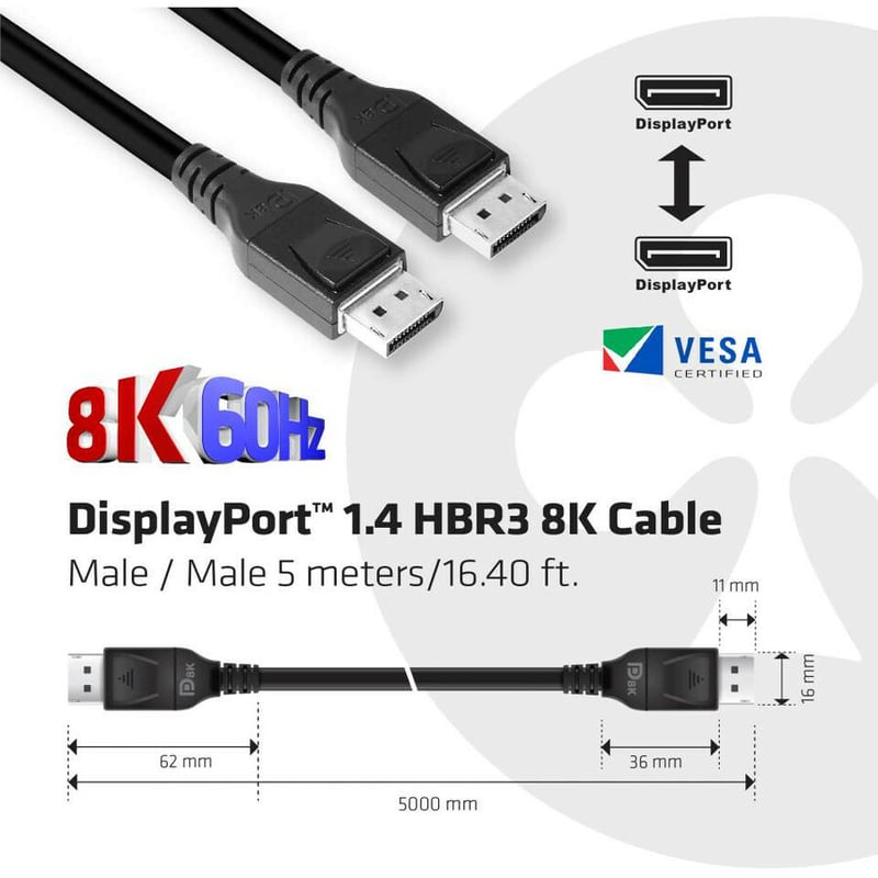 Club 3D DisplayPort 1.4 HBR3 8K Cable Male/Male 5M / 16.40ft. - Thumbnail 3