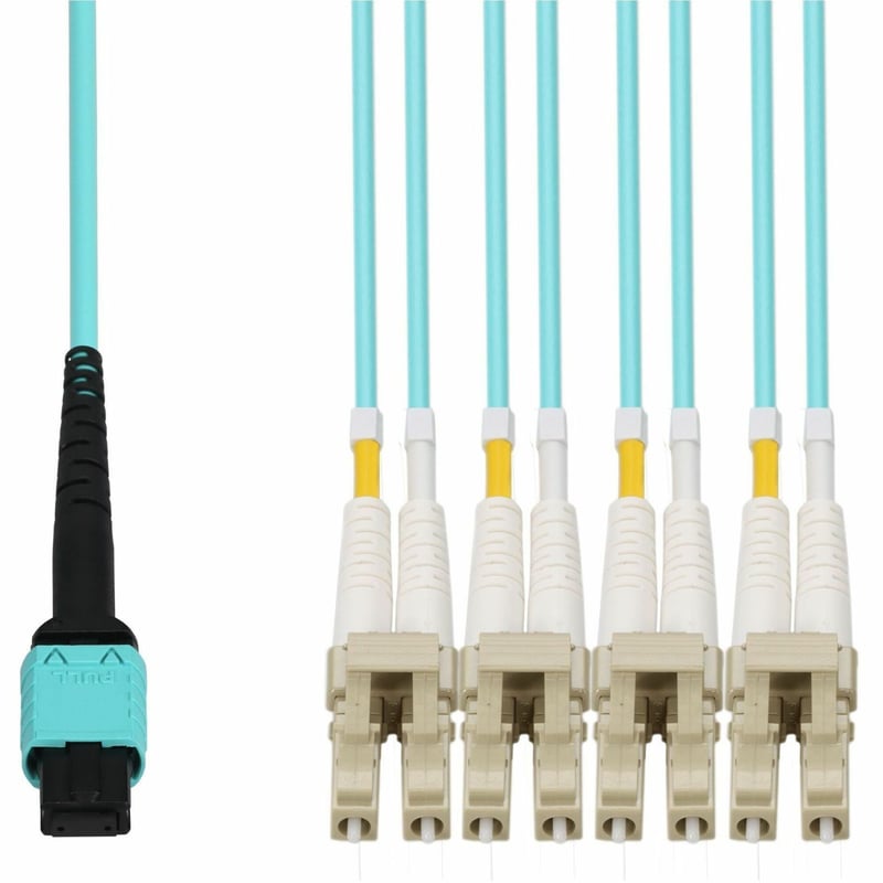 AddOn 25m MPO/UPC to 2xLC Duplex (4xLC)/UPC Aqua OM4 OFNR (Riser-Rated) 4-Strand Fiber Fanout Cable - Thumbnail 1