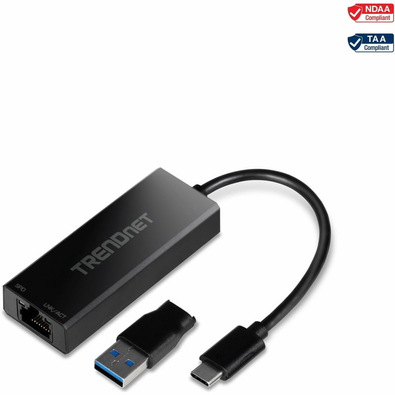 TRENDnet USB-C 3.1 To 2.5GBase-T Ethernet Adapter, IEEE 802.3bz 2.5GBASE-T Compliant, Supports Up to 2.5Gbps connection Speeds, Supports 802.1p (CoS) And 802.1Q (VLAN), Black, TUC-ET2G (V2.0R) - Thumbnail 1