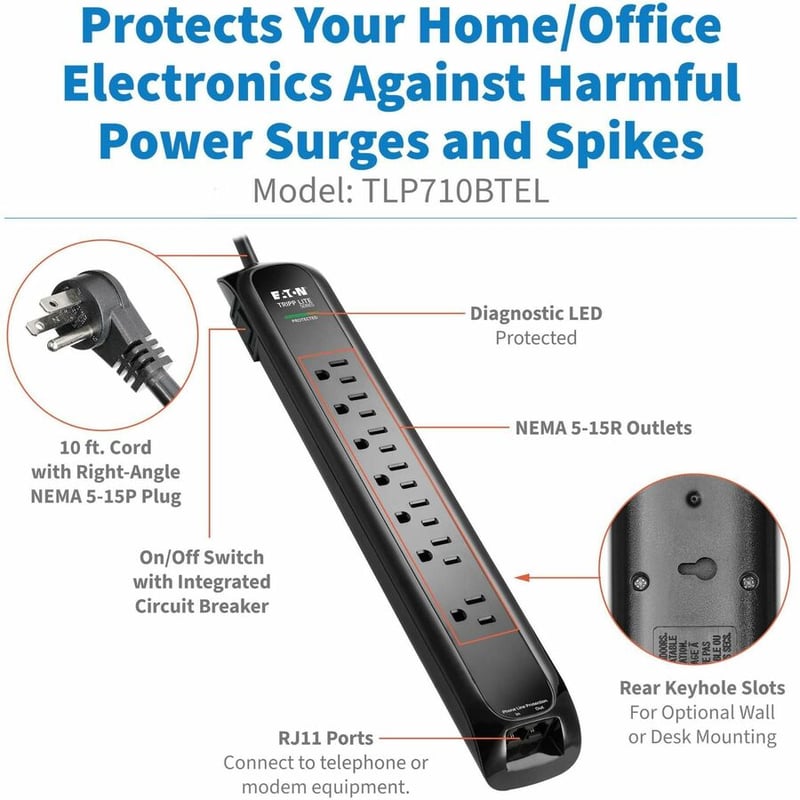7-OUTLET SURGE PROTECTOR 5-15R 900 J TEL/MODEM 10FT CORD BLACK - Thumbnail 3