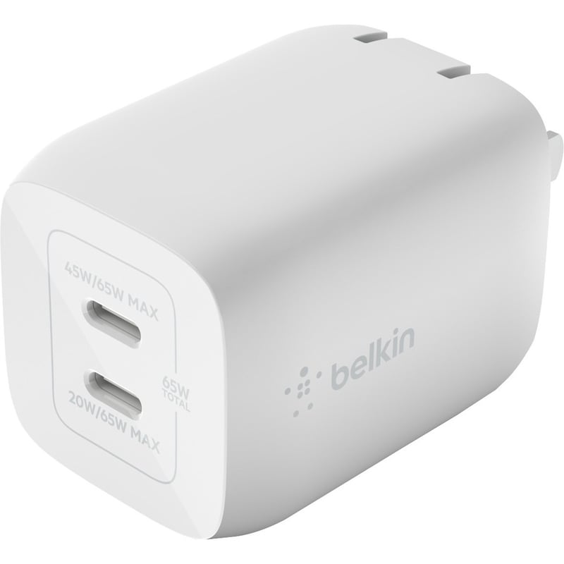 Belkin 65W Portable Dual Port GaN Wall Charger - 2xUSB-C (65W Total) - w/ USB-C to USB-C Cable - Fast Charging - Power Adapter - White - Thumbnail 5